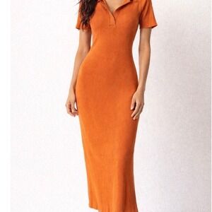 Caroline Constas Orange Ribbed Knit Polo Collar Midi Dress Size Small European